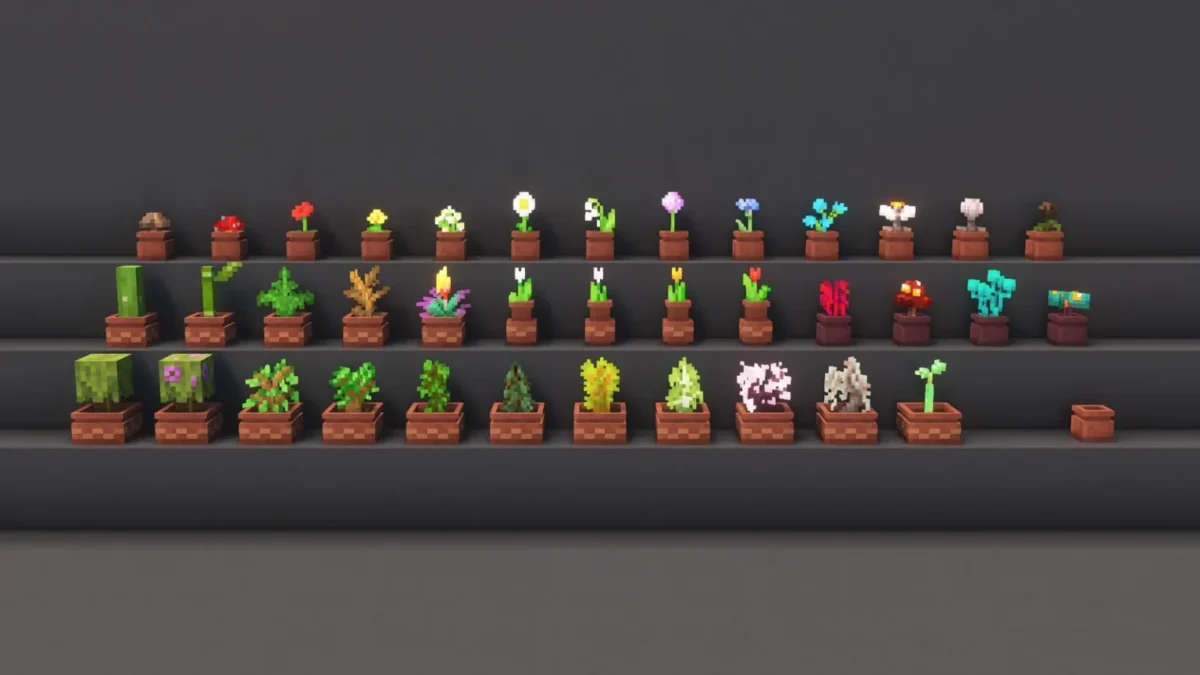 Visuel d'ambiance Minecraft illustrant Fresh Flower Pots : le pack de textures qui redonne du relief aux pots de fleurs de Minecraft - Collections des pots avec toutes les plantes