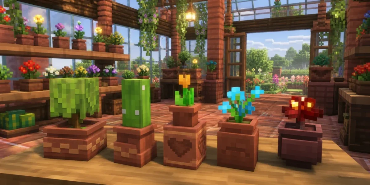 Visuel d'ambiance Minecraft illustrant Fresh Flower Pots : le pack de textures qui redonne du relief aux pots de fleurs de Minecraft