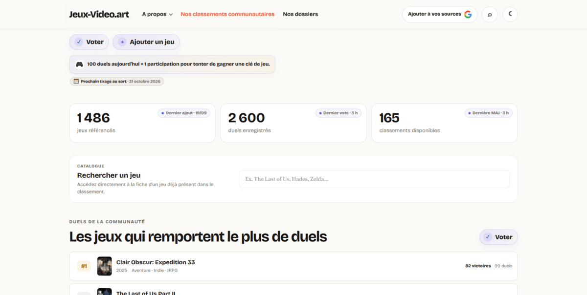 Jeux-video.art : classements jeux vidéo collaboratifs avec des clés de jeux à gagner