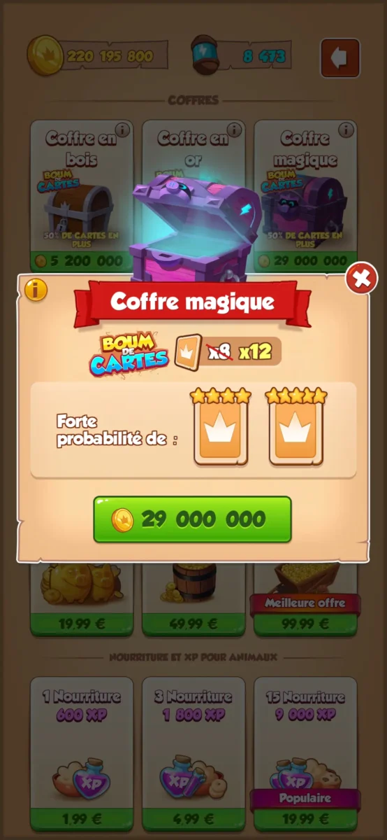 Exemples de cartes en plus dans Coin Master avec le Boum de cartes avec ouverrture du coffre