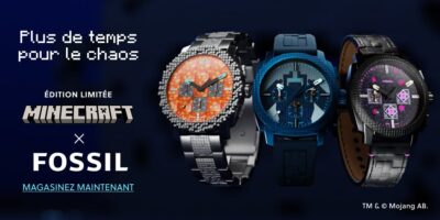 Visuel d'ambiance Minecraft illustrant Minecraft et Fossil offrent trois montres phosphorescentes en &eacute;dition limit&eacute;e