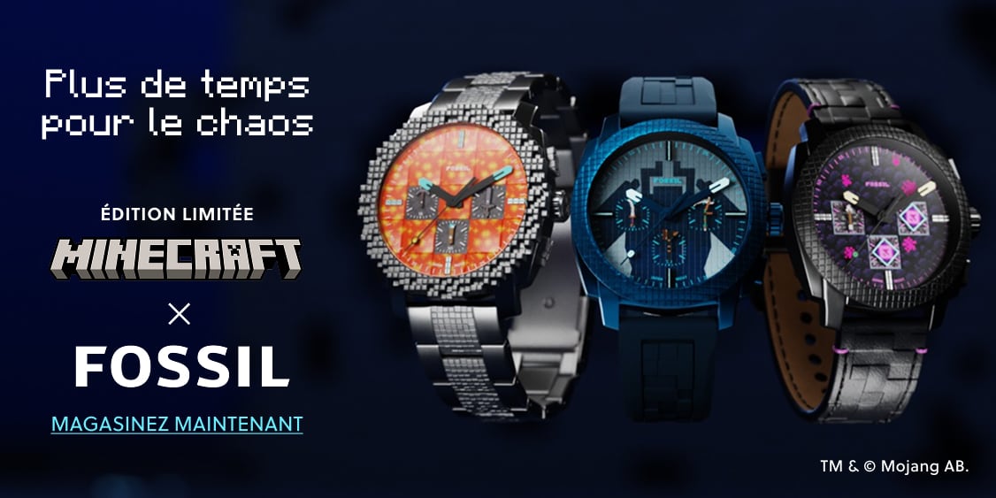 Visuel d'ambiance Minecraft illustrant Minecraft et Fossil offrent trois montres phosphorescentes en édition limitée