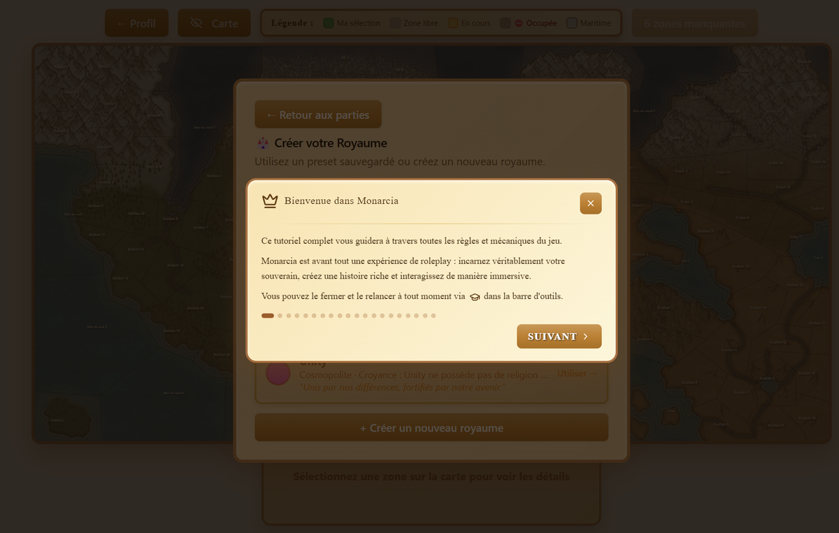 Visuel du tutoriel interactif du jeu Monarcia