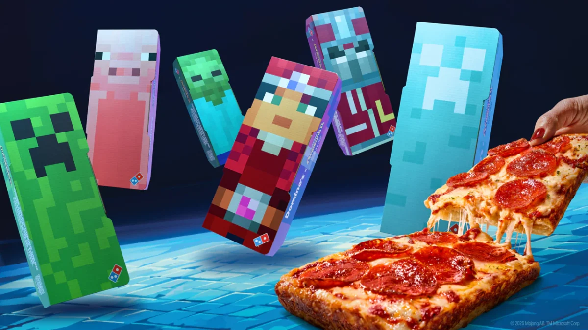 Visuel d'ambiance Minecraft illustrant Domino's x Minecraft Dungeons II : boîtes à pizza collector, cosmétiques et codes du jeu à gagner